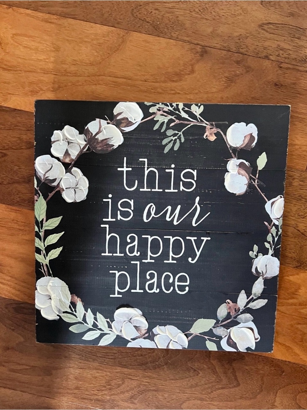 This Is Our Happy Place Wall Sign - Black Cotton Wreath Design